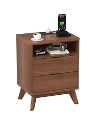 homfan Set of 2 Modern Fluted Bedside Tables, Usb and Ac Power Outlets, Drawers Open Shelf, Sturdy Wooden Legs, Accent Furniture for Bedroom