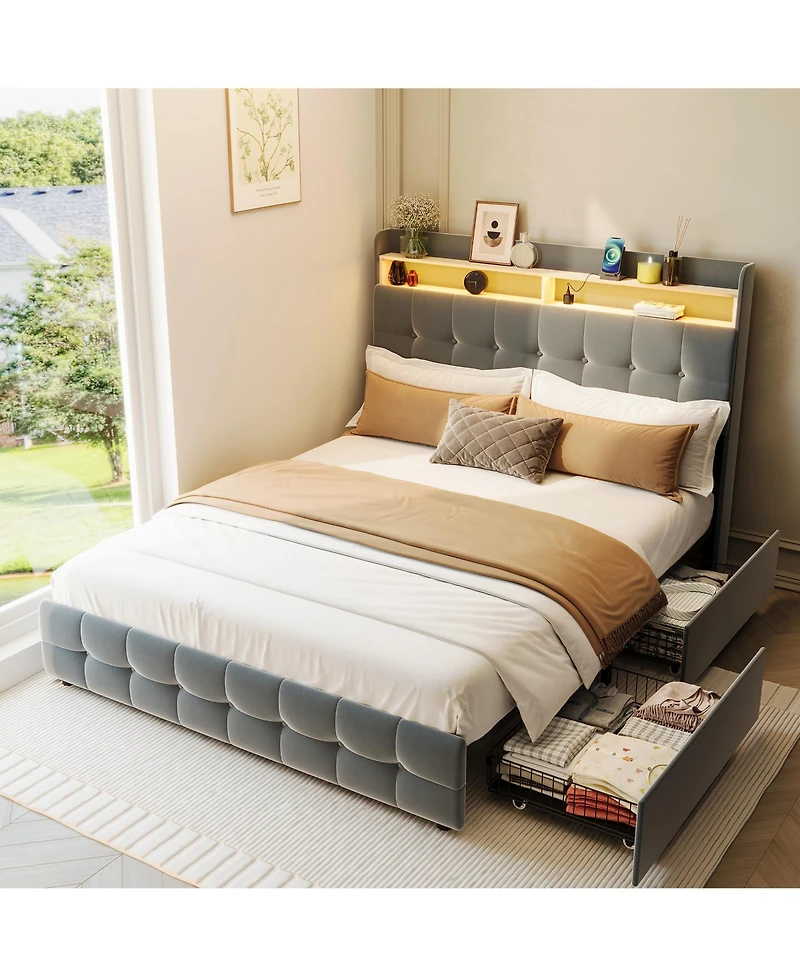 homfan Upholstered Bed Frame with Led Storage Headboard, Charging Station and 2 Drawers