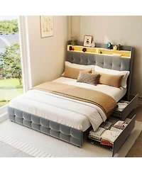 homfan Upholstered Bed Frame with Led Storage Headboard, Charging Station and 2 Drawers