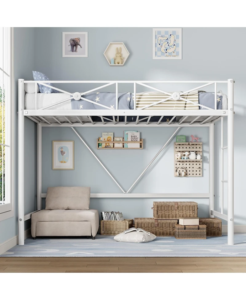 homfan Metal Loft Bed Frame with Ladder and 15.0 Guardrail, Space-Saving Steel Slats, No Box Spring Needed