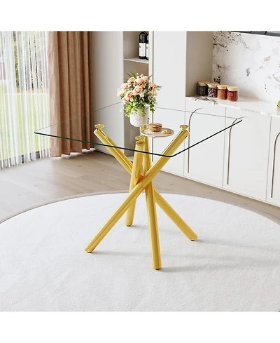 flynama Modern Gold Cross-Leg Bar Table with Tempered Glass Top