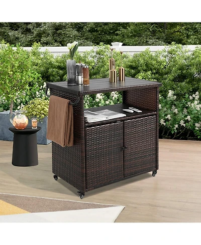 flynama Outdoor Wicker Bar Cart with Plastic Wood Top