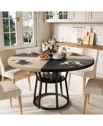 homfan Round Dining Table with Storage Shelf for 4-6, Farmhouse Kitchen Cross Base Room, Living Apartment