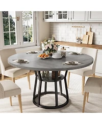 homfan Round Dining Table with Storage Shelf for 4-6, Farmhouse Kitchen Cross Base Room, Living Apartment