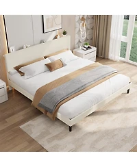 homfan Corduroy Upholstered Platform Bed Frame with Usb Charging Station, Adjustable Storage Headboard