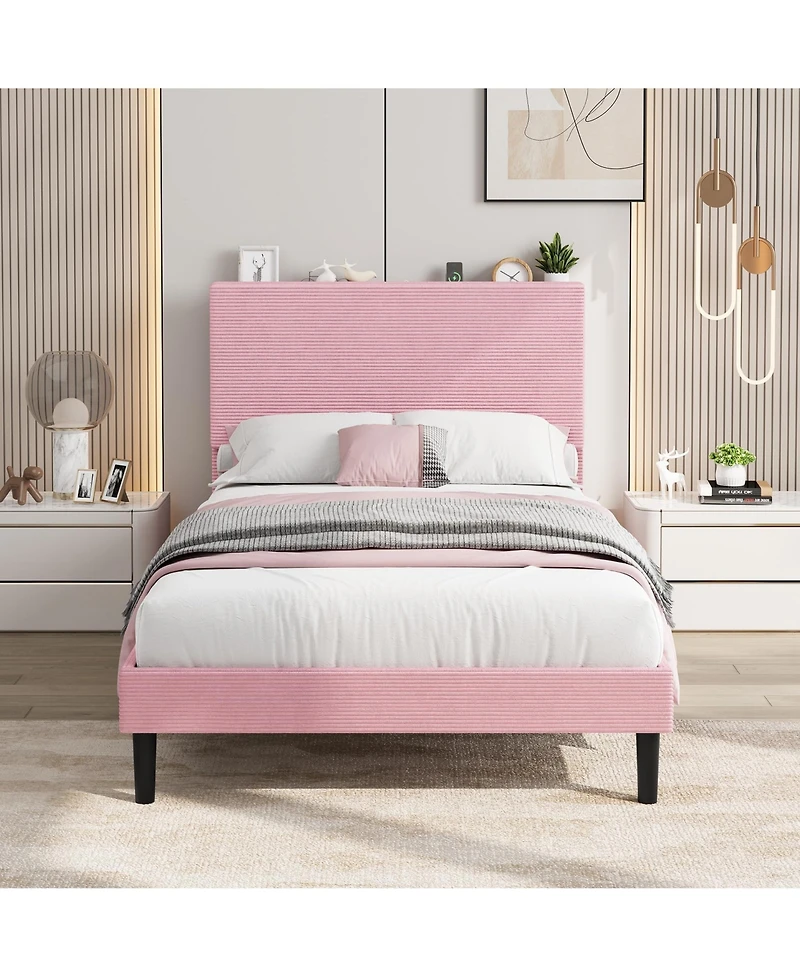 homfan Corduroy Upholstered Platform Bed Frame with Usb Charging Station, Adjustable Storage Headboard