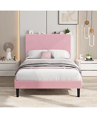 homfan Corduroy Upholstered Platform Bed Frame with Usb Charging Station, Adjustable Storage Headboard