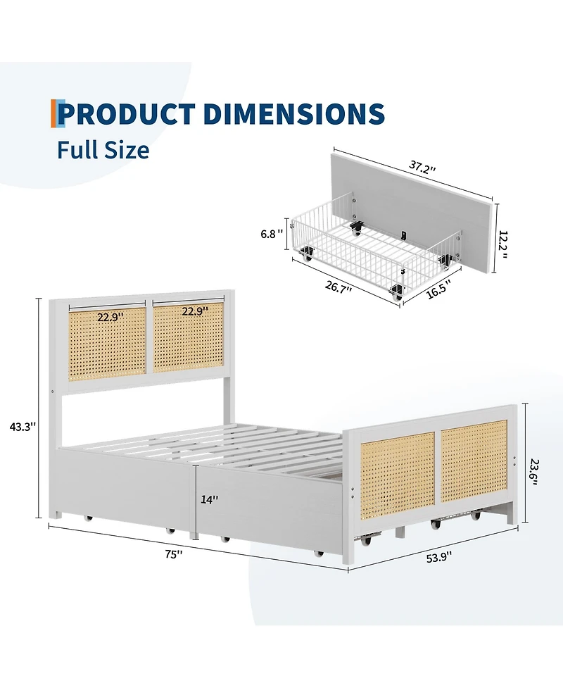 homfan Rattan Platform Bed Frame with Led Headboard and 4 Drawers
