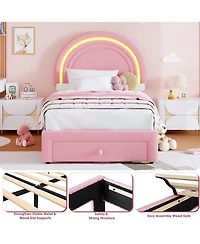 homfan Upholstered Kids Bed Frame with Led Rainbow Headboard and Storage Drawer, Wood Slats, No Box Spring Needed