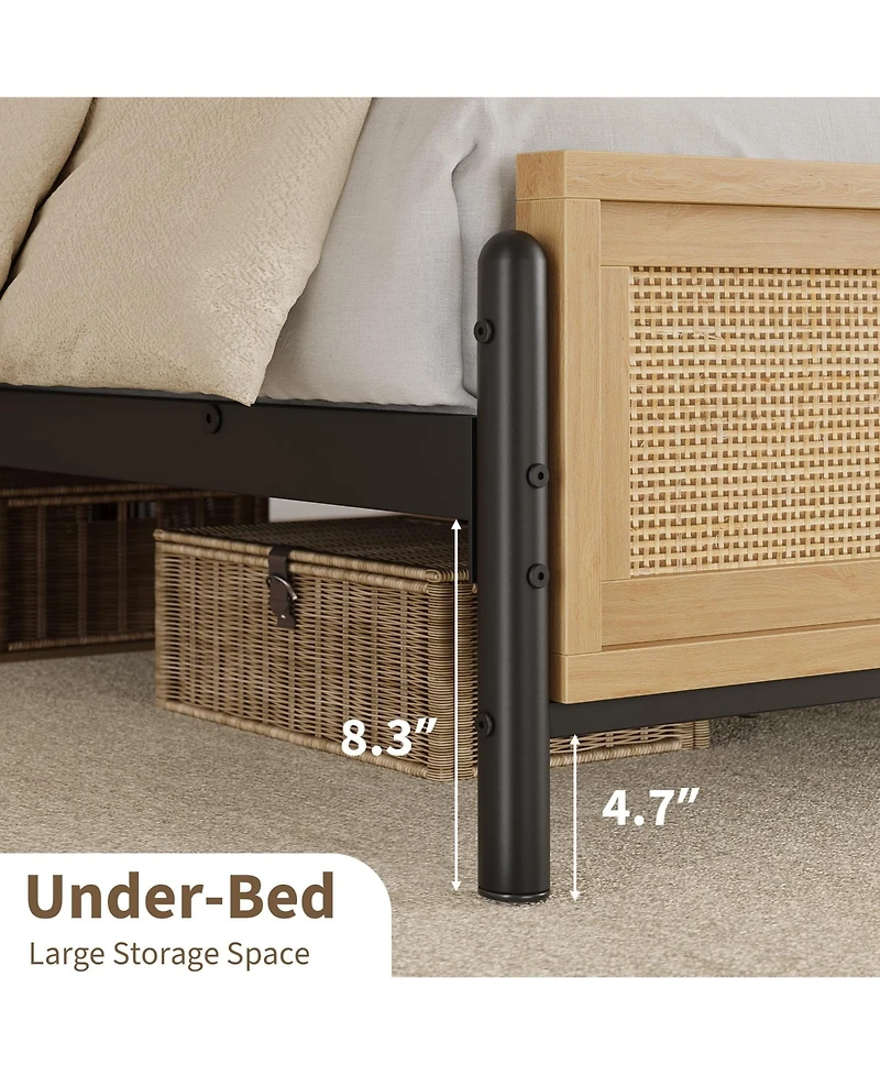 homfan Boho Rattan Platform Bed Frame with Headboard and Footboard, Quiet Support, Underbed Storage