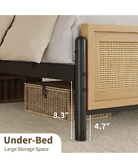 homfan Boho Rattan Platform Bed Frame with Headboard and Footboard, Quiet Support, Underbed Storage