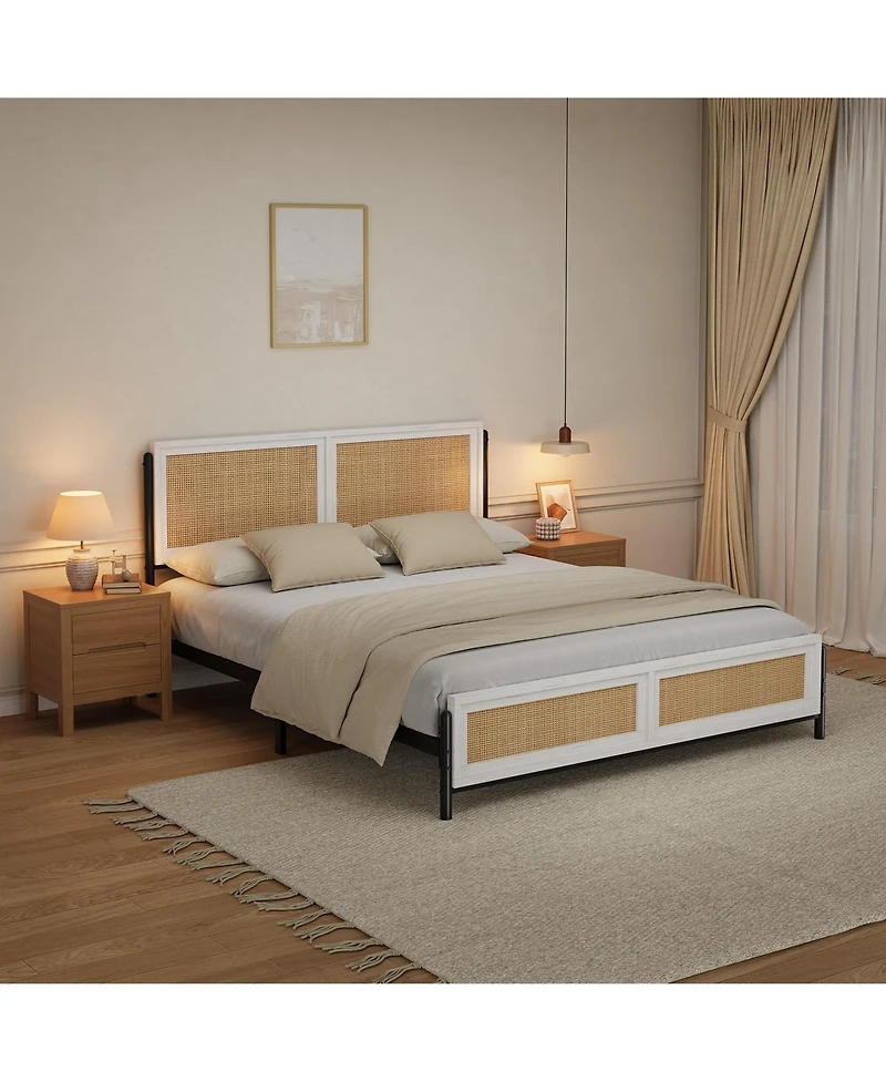 homfan Boho Rattan Platform Bed Frame with Headboard and Footboard, Quiet Support, Underbed Storage