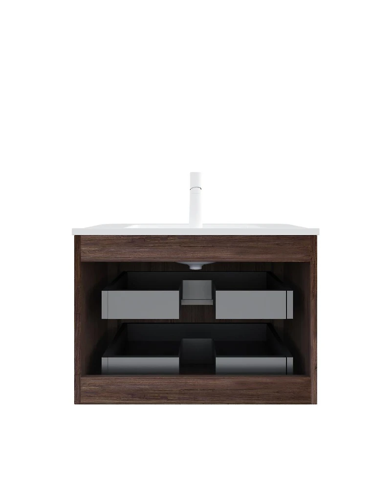 Thirtypeachy 30" Retro Walnut Modern Floating Bathroom Vanity, Ceramic Sink with 2 Drawers, Pre-assembled Plywood Cabinet