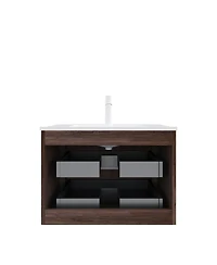 Thirtypeachy 30" Retro Walnut Modern Floating Bathroom Vanity, Ceramic Sink with 2 Drawers, Pre-assembled Plywood Cabinet