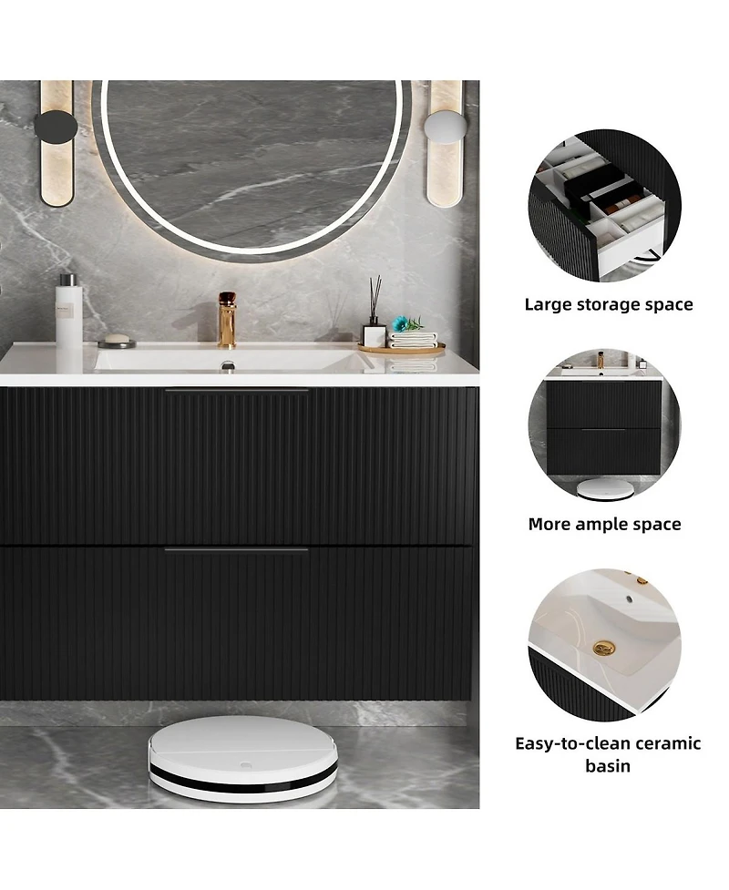 Thirtypeachy 36" Modern Floating Vanity With Ceramic Sink, Fluted Wall-Mount Cabinet, 2 Drawers U-Shaped Cutout