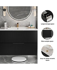 Thirtypeachy 36" Modern Floating Vanity With Ceramic Sink, Fluted Wall-Mount Cabinet, 2 Drawers U-Shaped Cutout