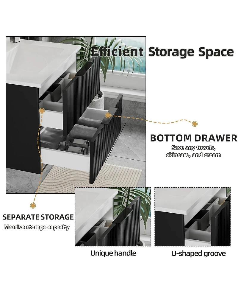 Thirtypeachy Modern Floating Vanity With Ceramic Sink,Fluted Wall-Mount Cabinet, 2 Drawers U-Shaped Cutout