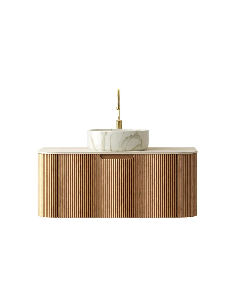 Sillysis Wall Mounted Bathroom Vanity with Sintered Stone Top, Round Ceramic Sink, Wood Grain Drawer