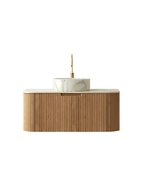 Sillysis Wall Mounted Bathroom Vanity with Sintered Stone Top, Round Ceramic Sink, Wood Grain Drawer