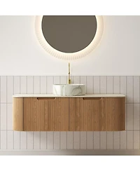 Sillysis Wall Mounted Bathroom Vanity with Sintered Stone Top, Round Ceramic Sink, Wood Grain Drawer