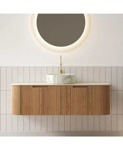 Sillysis Wall Mounted Bathroom Vanity With Sintered Stone Top Round Ceramic Sink Wood Grain Drawer Pre Assembled