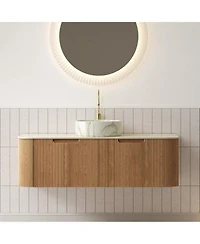 Sillysis Wall Mounted Bathroom Vanity With Sintered Stone Top Round Ceramic Sink Wood Grain Drawer Pre Assembled