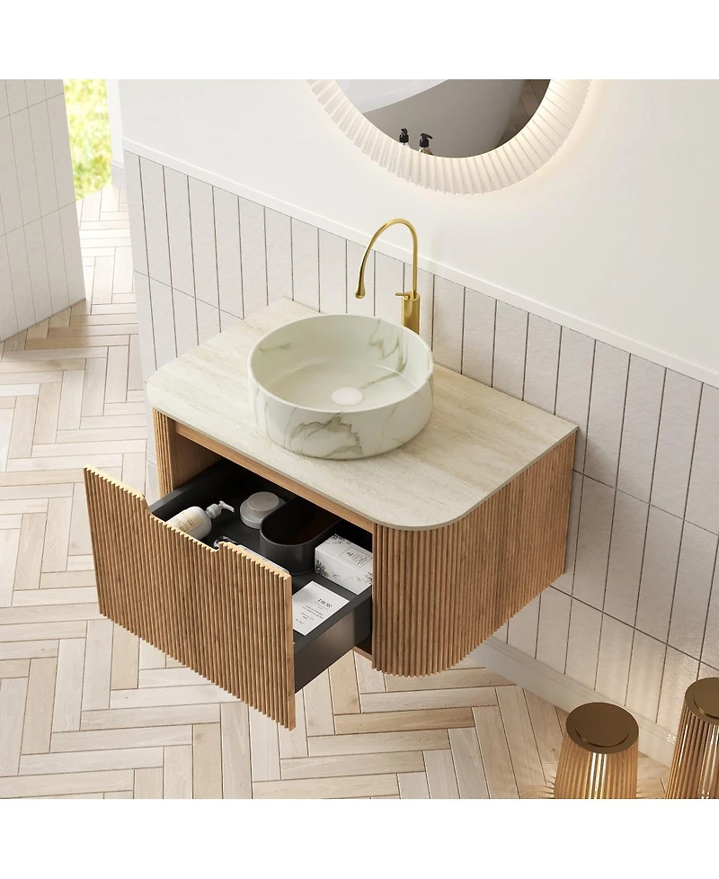 Sillysis Wall Mounted Bathroom Vanity with Sintered Stone Top, Round Ceramic Sink, Wood Grain Drawer