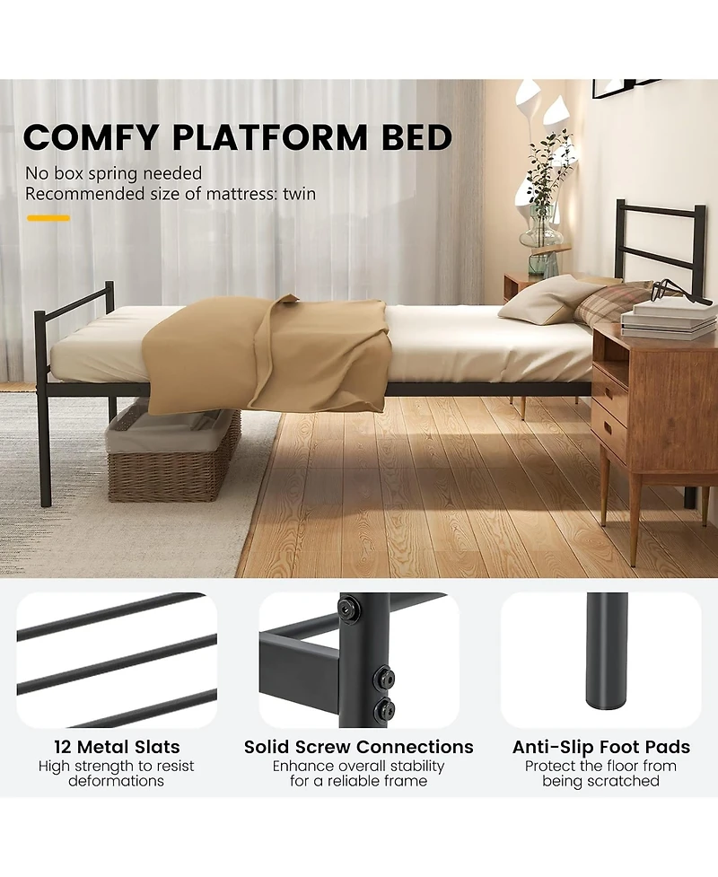 Gymax Twin Size Metal Bed Frame Platform Mattress Foundation With Headboard