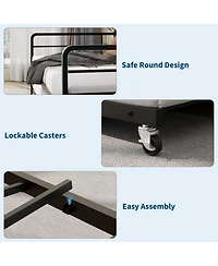 homfan Twin Daybed with Pop-Up Trundle, Led Lights, Charging Station and Corduroy Storage Headboard, Metal Frame