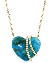 Effy Collection Chrysocolla & Diamond (1/20 ct. t.w.) Heart Pendant Necklace in 14k Yellow Gold