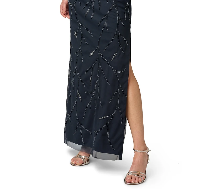 Adrianna Papell Women's Bead Mesh Illusion Boat Neck Gown