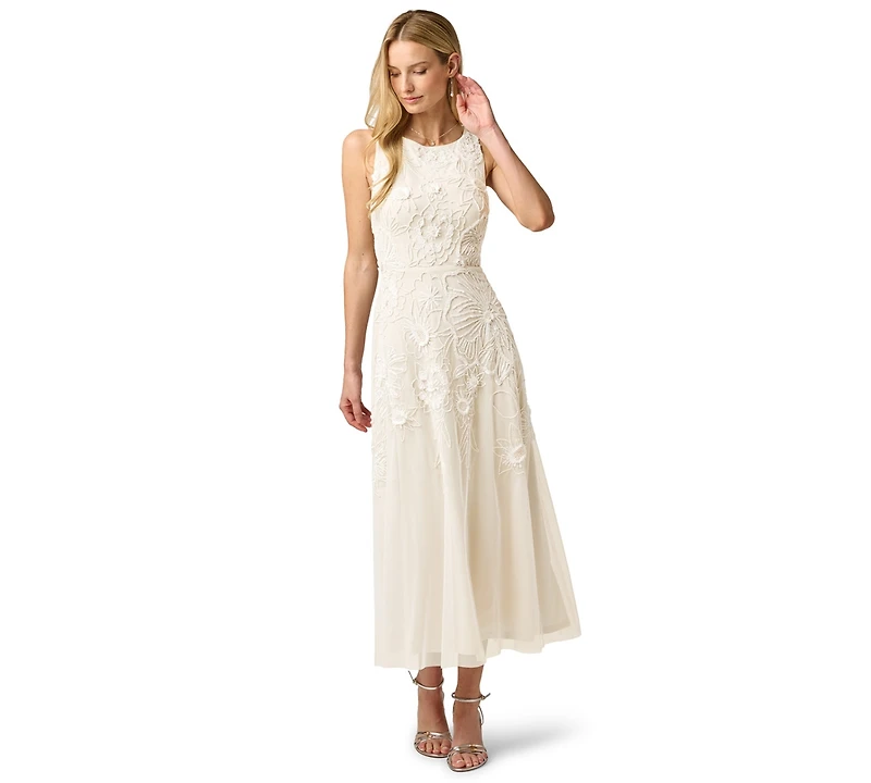 Adrianna Papell Women's Beaded Mesh Crewneck Midi Dress