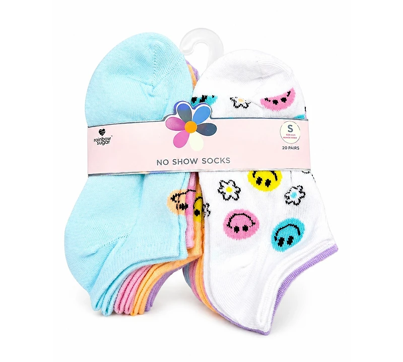 Rainbow Sugar Girls' 4-8.5 Low Cut Socks, 20-Pack