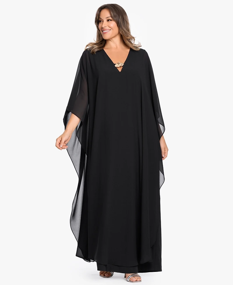 Betsy & Adam Plus V-Neck Long-Sleeve Gown