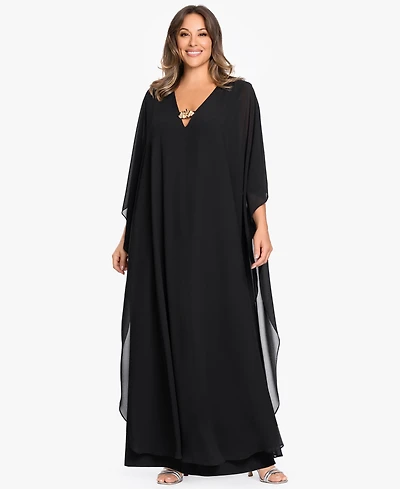 Betsy & Adam Plus V-Neck Long-Sleeve Gown