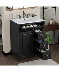 Thirtypeachy Freestanding Vanity With Ceramic Sink, Solid Wood and Mdf Cabinet, Flip-Out Drawer 3 Drawers
