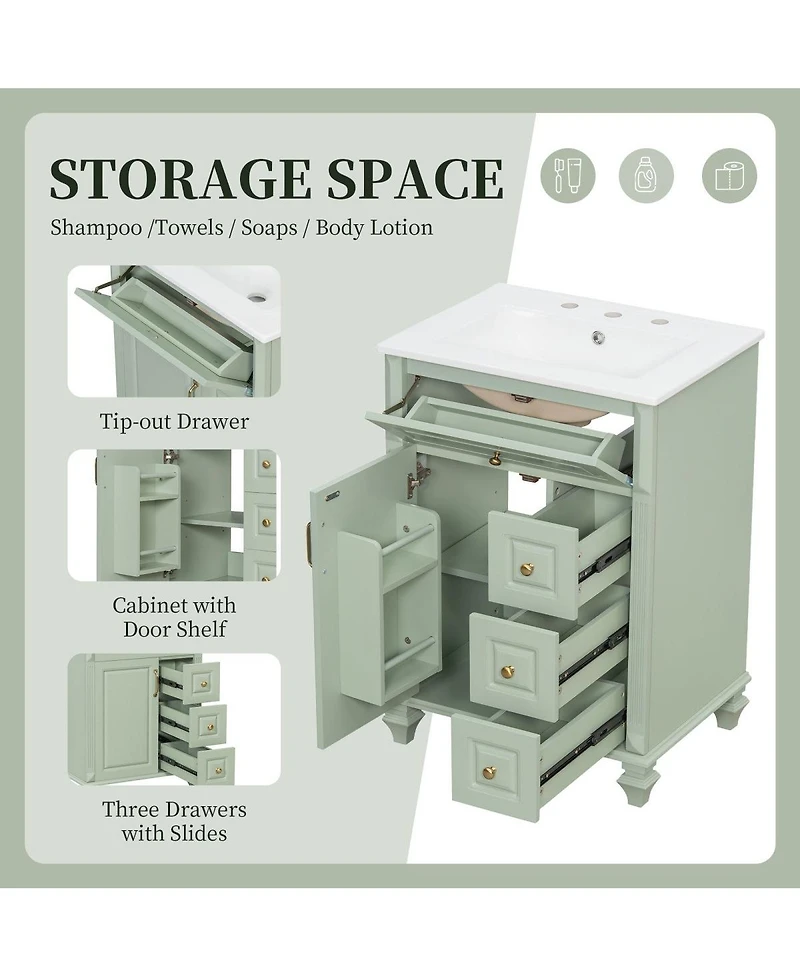 Thirtypeachy Freestanding Vanity With Ceramic Sink, Solid Wood and Mdf Cabinet, Flip-Out Drawer 3 Drawers