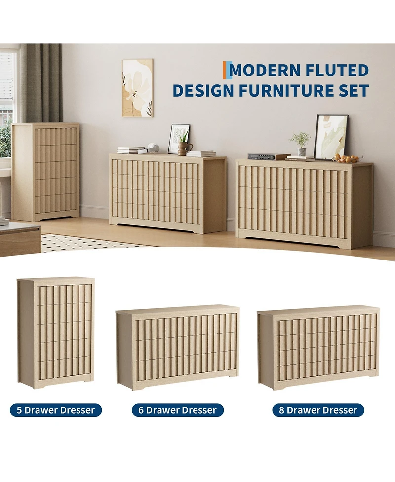 homfan Fluted Dresser for Bedroom, Wooden Chest of Drawers with Deep Storage, Handleless Clothes Dresser for Bedroom, Living Room