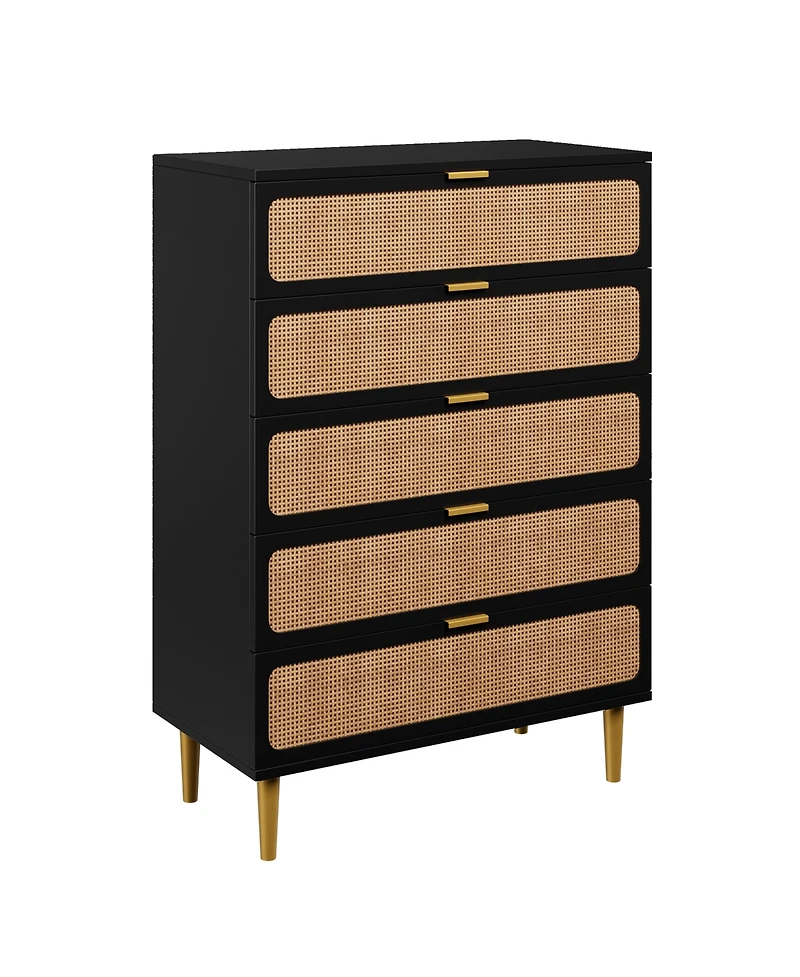 homfan Tall Boho 5-Drawer Rattan Dresser, Wooden Storage Cabinet with Deep Drawers for Multi-Space Use
