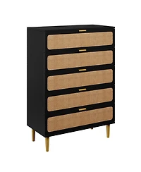 homfan Tall Boho 5-Drawer Rattan Dresser, Wooden Storage Cabinet with Deep Drawers for Multi-Space Use