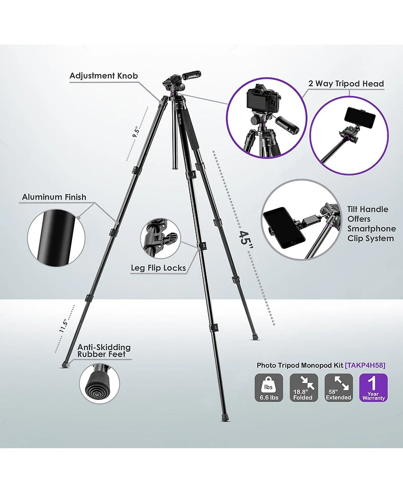 Takama Flip-Zip Tripod Monopod Kit, for Camera and Smartphone with Mount Head and Lightweight Compact Bag for Multi-Function
