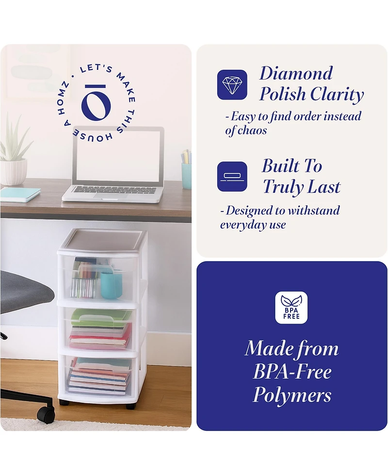 Homz Plastic 3 Drawer Medium Storage Tower, Clear Drawers/Frame (2 Pack)