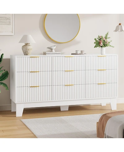 homfan 9 Drawer Dresser for Bedroom, 47" Wide Fluted Chest with Metal Handle, Modern Wooden Tv Stand, Clothes Organizer Hallway, Entryway