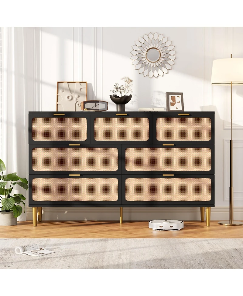 homfan Rattan 5-Drawer Tall Dresser, Wooden Chest with Deep Drawers and Wide Top for Bedroom, Living Room Hallway