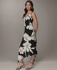 Donna Karan New York Women's Sleeveless Floral Cowl Neck Asymmetrical Midi Dress