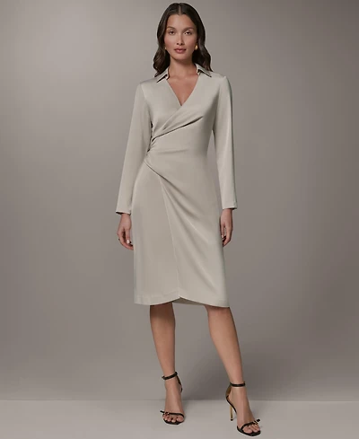 Donna Karan New York Women's Long-Sleeve Satin Collared V-Neck Midi Wrap Dress