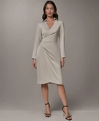 Donna Karan New York Women's Long-Sleeve Satin Collared V-Neck Midi Wrap Dress