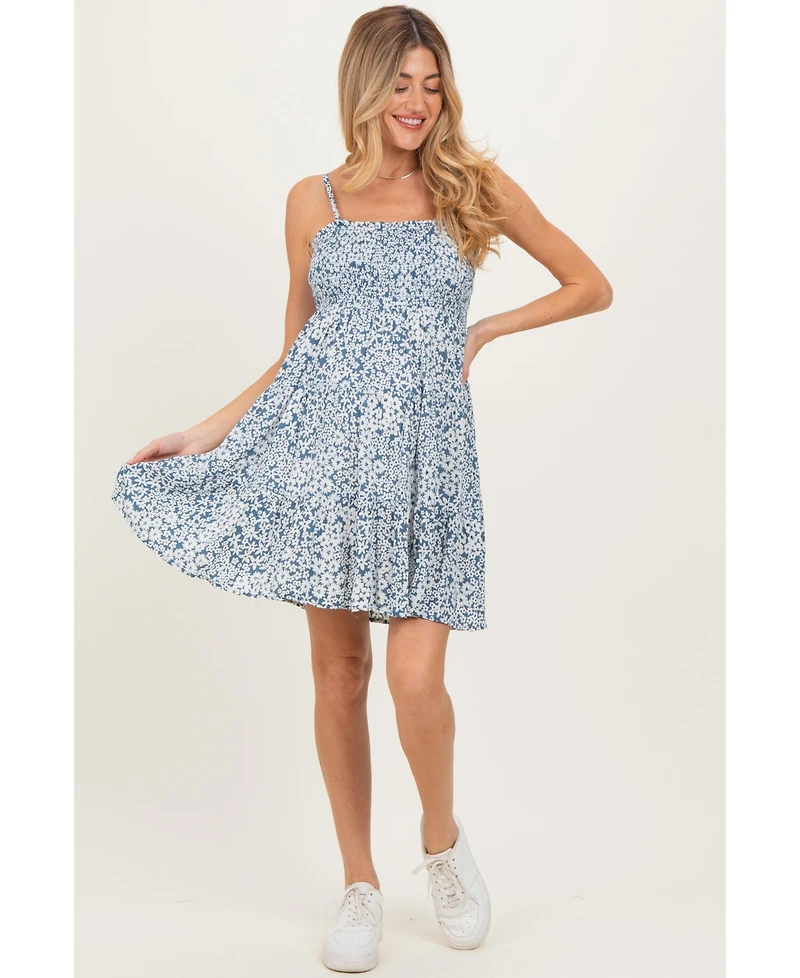 Pinkblush Maternity Blue Floral Smocked Sleeveless Mini Dress
