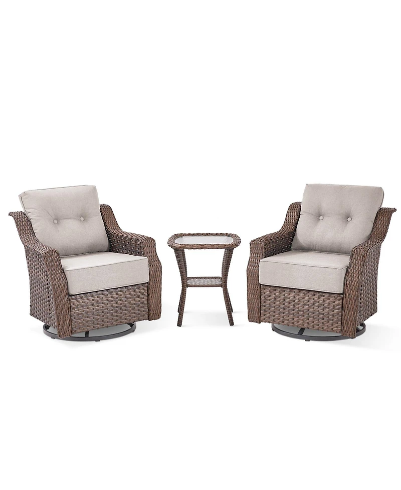 Pocassy 3-Pieces Brown Wicker Outdoor Swivel Rocking Chair with Cushion