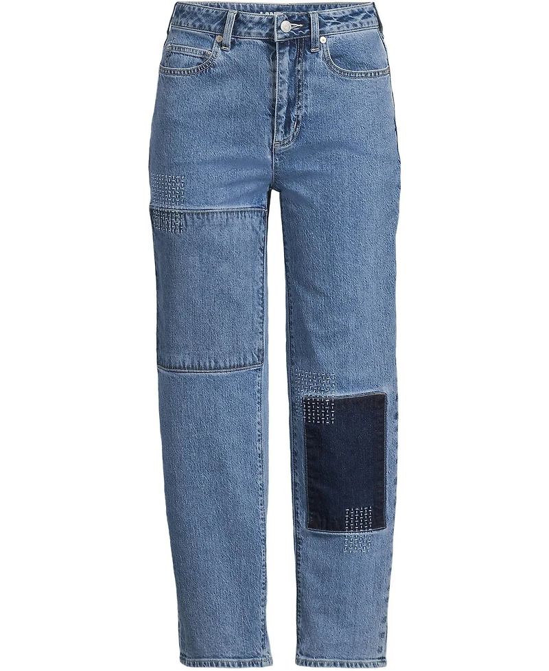 Lands' End Petite Soft Denim Mid Rise Relaxed Straight Crop Patchwork Jeans